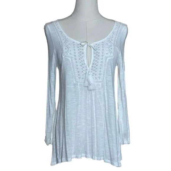 American Eagle NWT Embroidered Long-Sleeve Tunic Women's Cream XS Tasseled Boho - Picture 1 of 6